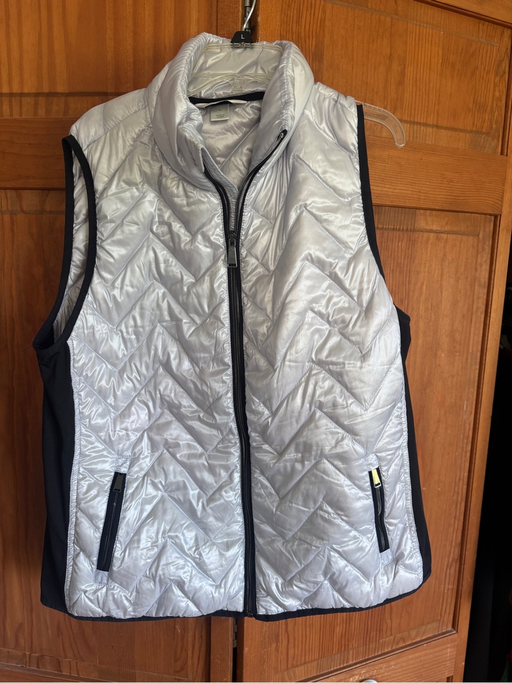 CJ Banks Silver Quilted Women’s Vest with Black Trim